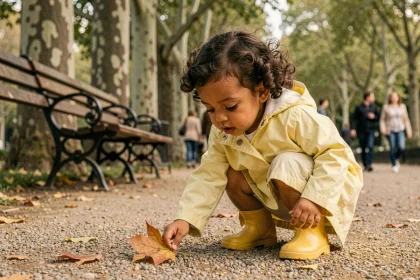 Petite fille de 3 ans en imperméable jaune qui touche une feuille d'automne dans un jardin public parisien