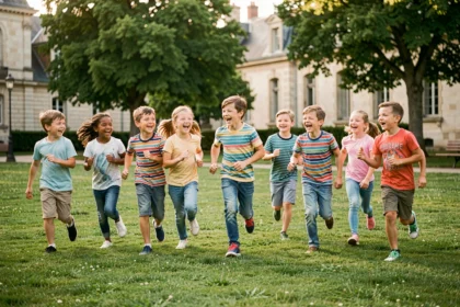 Groupe d'enfants joyeux courant dans un parc verdoyant de l'Essonne lors d'une journée d'activités estivales