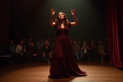 Actrice en pleine représentation théâtrale sur scène dans un théâtre intimiste, exprimant une émotion intense devant un public silencieux