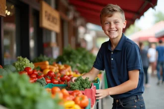 Adolescent de 15 ans travaillant à un étal de marché en plein air, arrangeant des légumes frais dans un contexte professionnel encadré