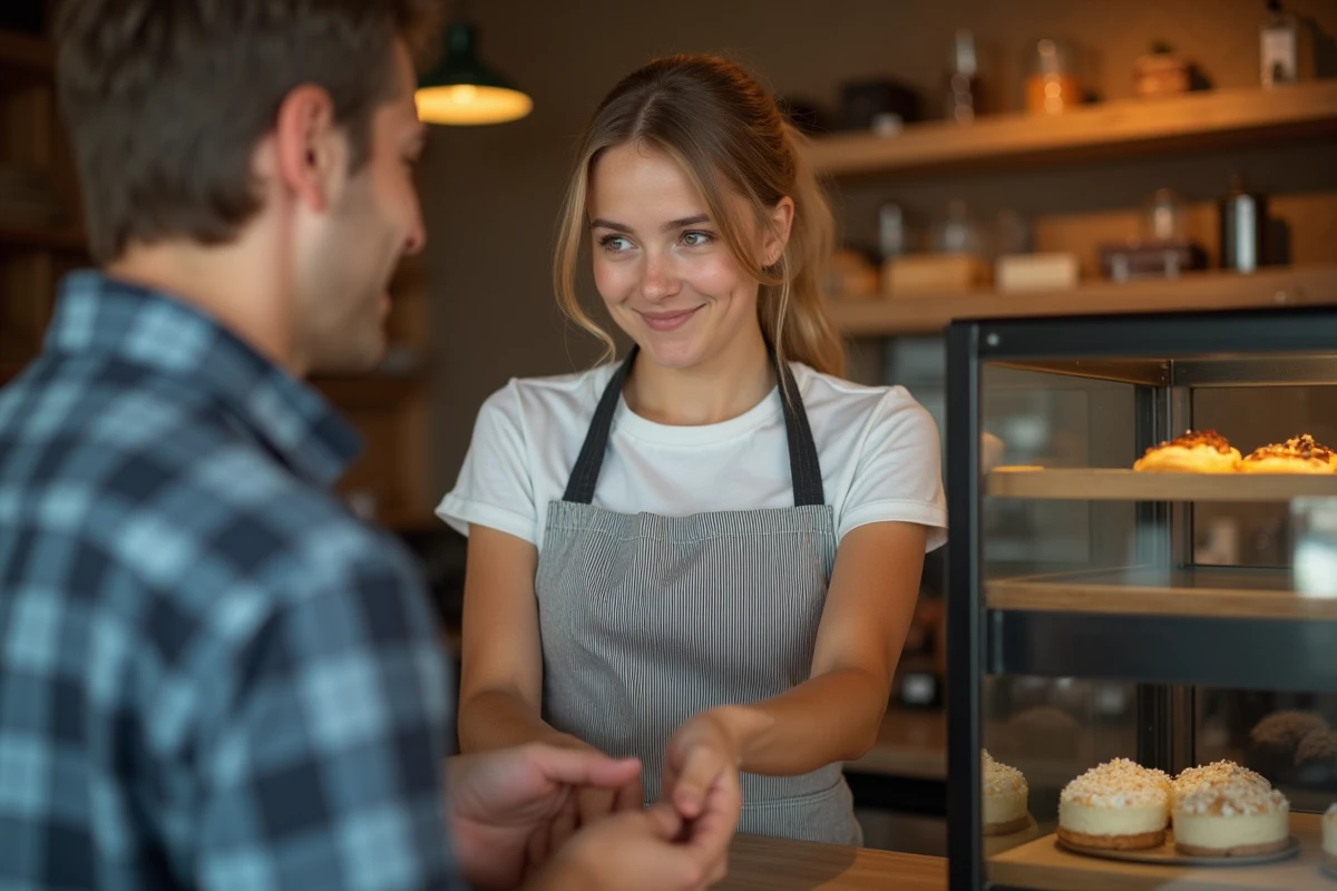 Adolescente de 15 ans en tablier servant un client dans une boulangerie, illustrant le travail encadré des mineurs en France