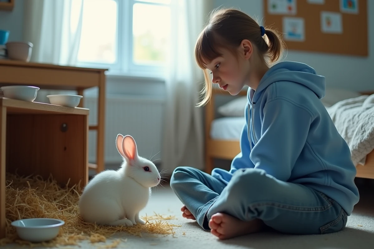 Adolescente observant un lapin blanc dans son enclos, illustrant le respect éthique du bien-être animal domestique