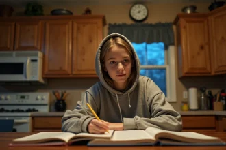 Adolescente seule à la maison le soir faisant ses devoirs dans une cuisine de banlieue californienne