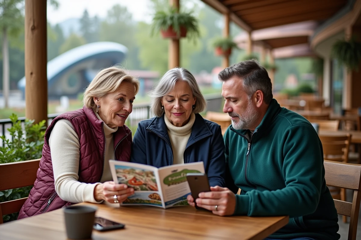 Groupe d'adultes consultant une brochure des attractions et tarifs du Futuroscope en terrasse