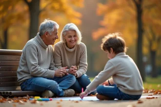 Couple de quinquagénaires assis dans un parc regardant affectueusement un enfant, illustrant la question de l'âge limite pour adopter