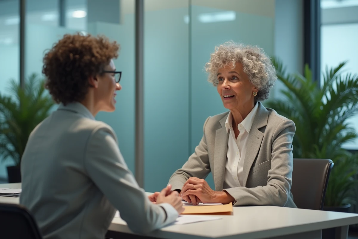 Femme d'une cinquantaine d'années en entretien avec une assistante sociale dans un bureau administratif lors d'une démarche d'adoption