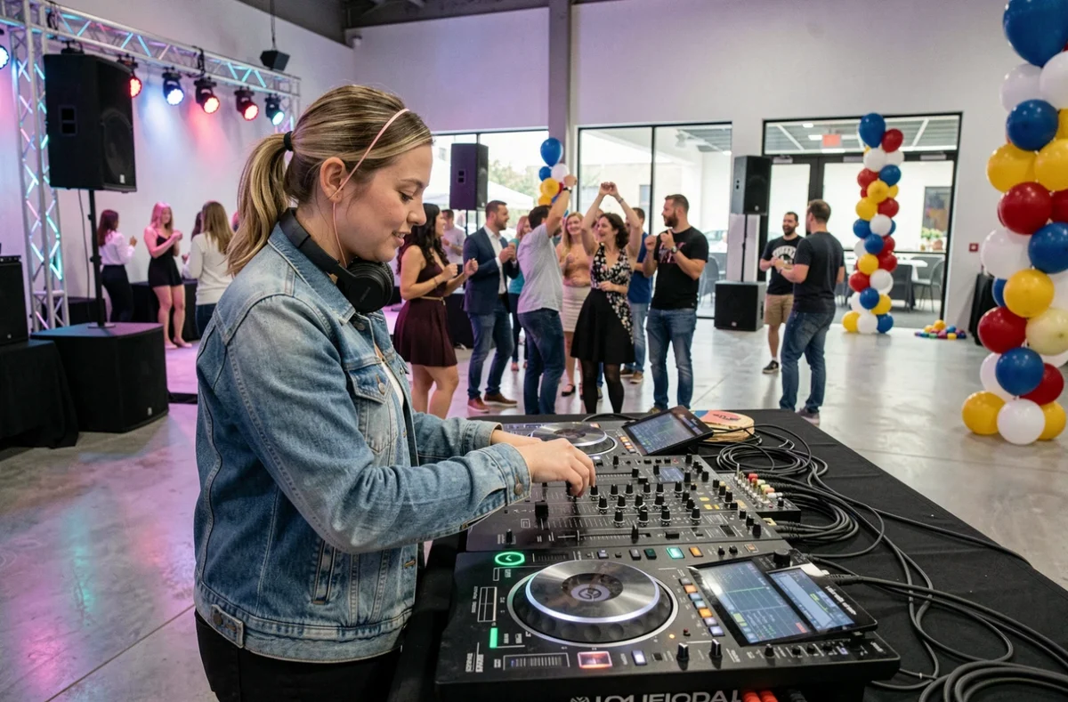 DJ féminine de l'Agence Music Call animant une soirée anniversaire dans une salle événementielle moderne