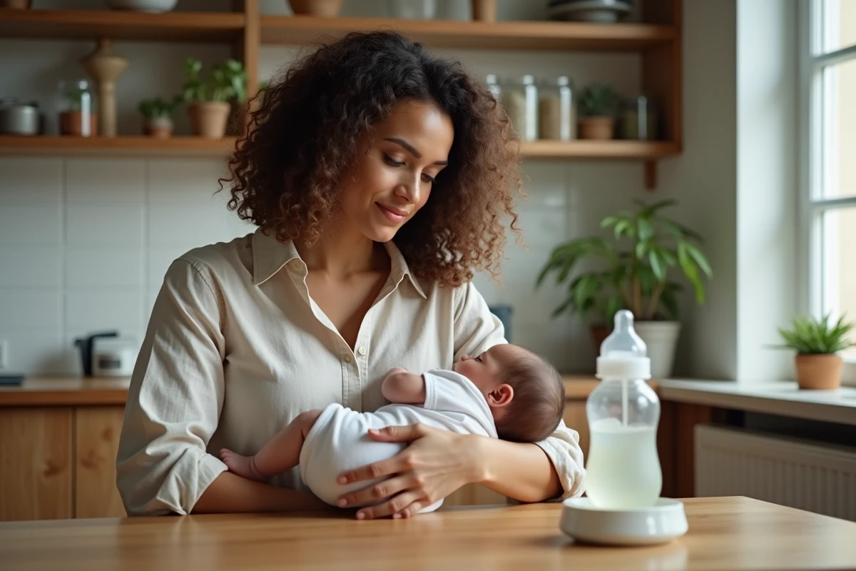 Femme allaitant son bébé à la table de cuisine avec un biberon préparé à côté, symbolisant l'allaitement mixte au quotidien