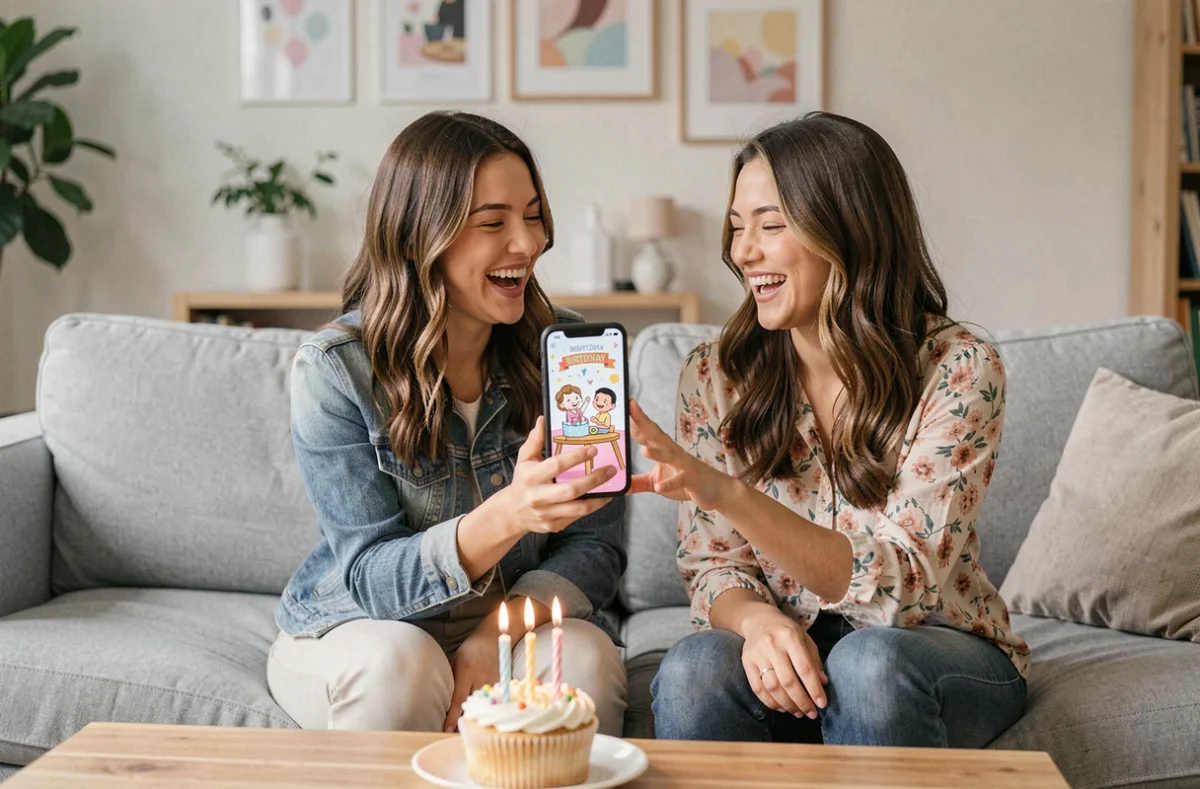Deux amies partageant une carte anniversaire animée musicale envoyée par SMS sur un canapé dans un salon moderne