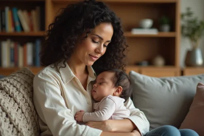 Mère tenant tendrement son enfant endormi contre sa poitrine, regard empli d'amour inconditionnel