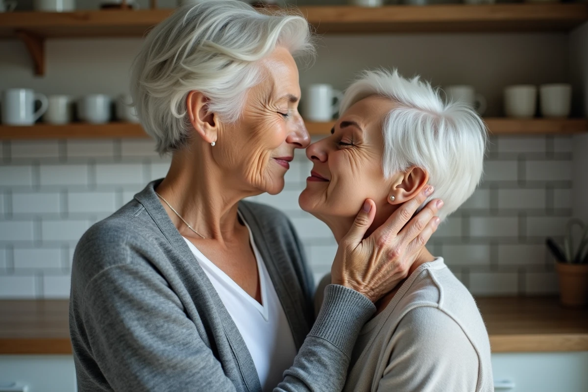 Grand-mère tenant le visage de sa fille adulte en larmes, symbole puissant de l'amour maternel inconditionnel