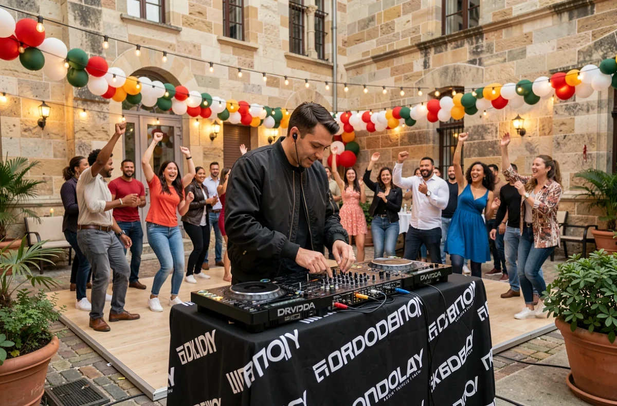DJ d'Animarty DJ Bordeaux animant une fête d'anniversaire en plein air à Bordeaux avec une foule dansante