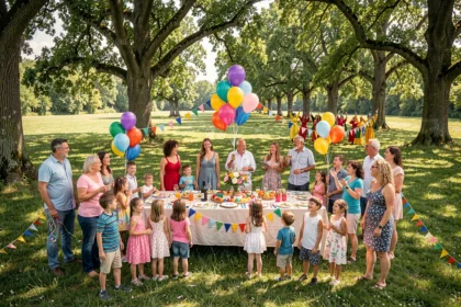 Fête d'anniversaire animée en plein air dans un parc de Nouvelle-Aquitaine avec ballons colorés et animateurs en costume