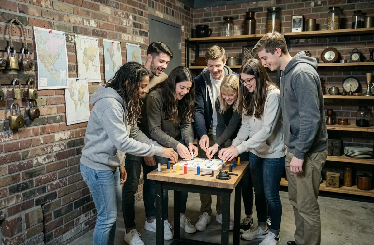 Groupe de jeunes adultes de 18 ans résolvant des énigmes dans une salle d'escape game moderne lors d'une animation d'anniversaire