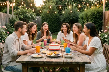 Groupe mixte de jeunes de 18 ans autour d'une table en bois dans un jardin décoré, jouant à des jeux de cartes lors d'un anniversaire festif