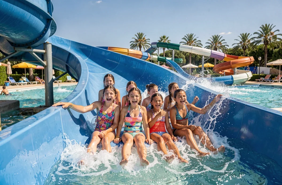 Enfants glissant sur le grand toboggan aquatique d'Aqualand Fréjus avec des éclaboussures d'eau