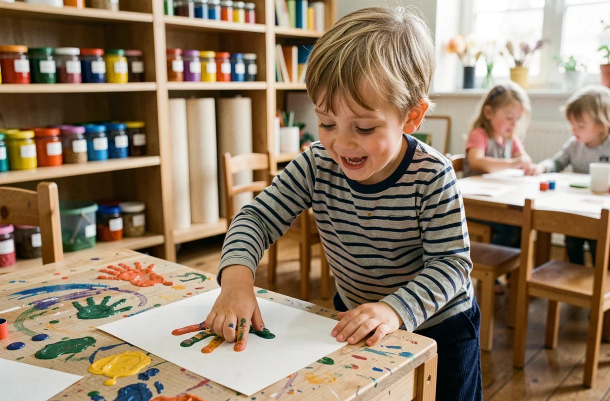 Enfant de 3 ans faisant de la peinture à la main dans un atelier créatif parisien à petit budget