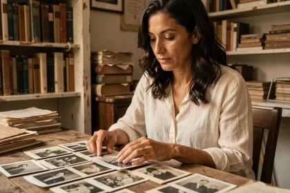 Femme aux origines méditerranéennes examinant de vieilles photographies de famille dans un bureau rustique
