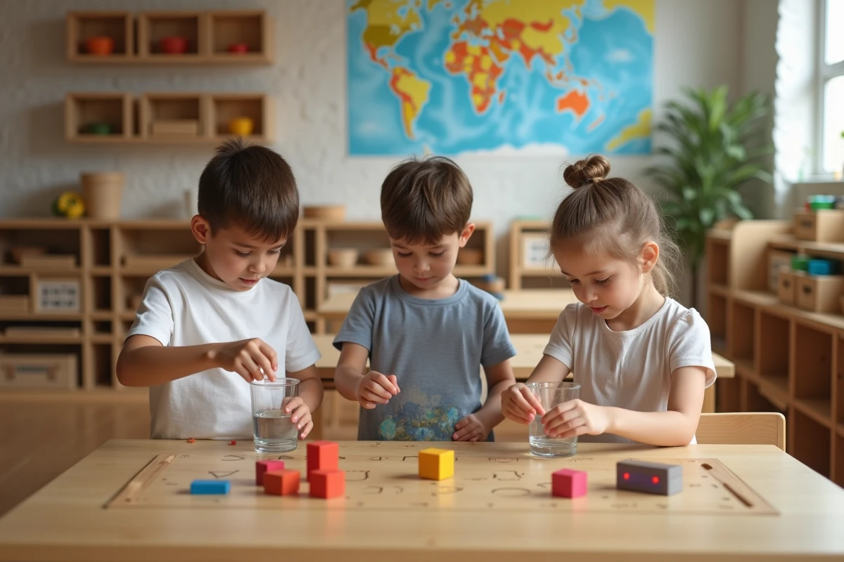 Enfants travaillant de façon autonome dans une classe Montessori avec des activités pratiques variées sur des tables en bois