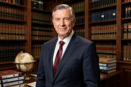 Portrait d'un avocat français expérimenté en costume sombre dans son cabinet juridique entouré de livres de droit