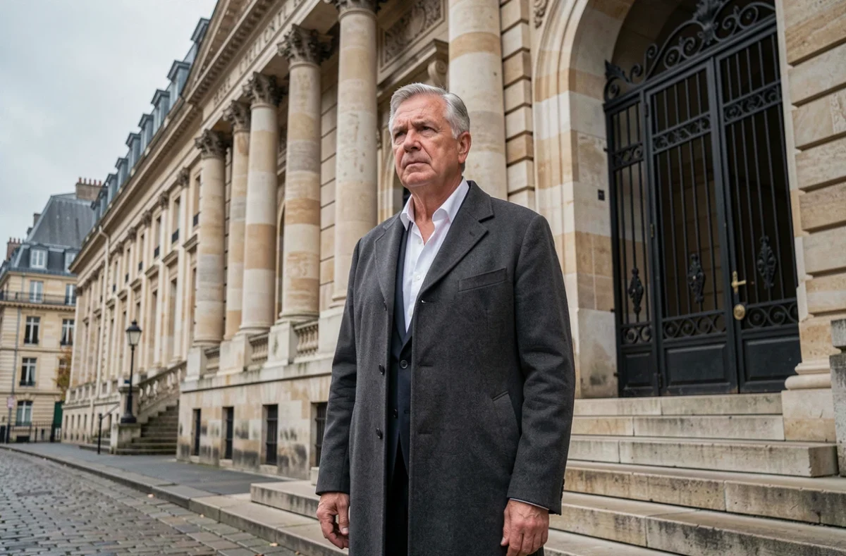 Avocat parisien devant un palais de justice aux colonnes classiques avec une expression déterminée et un manteau gris