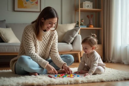 Jeune baby-sitter jouant avec un enfant en bas âge sur le sol d'un salon familial chaleureux