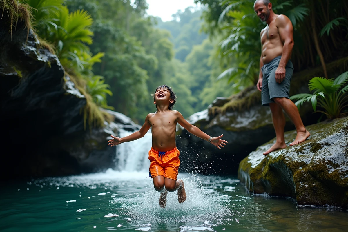 Enfant sautant dans une piscine naturelle d'eau douce entourée de végétation tropicale, baignade en rivière sans risque de requin, famille en vacances