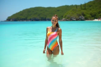 Femme se baignant dans un lagon tropical sans danger, eau turquoise cristalline et plage de sable blanc, zone sécurisée sans requins