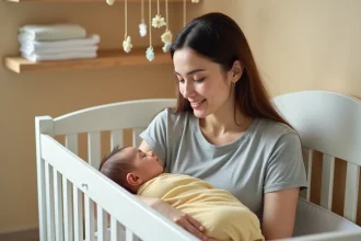 Mère observant son bébé endormi dans un berceau blanc, illustrant les habitudes de sommeil d'un bébé autiste