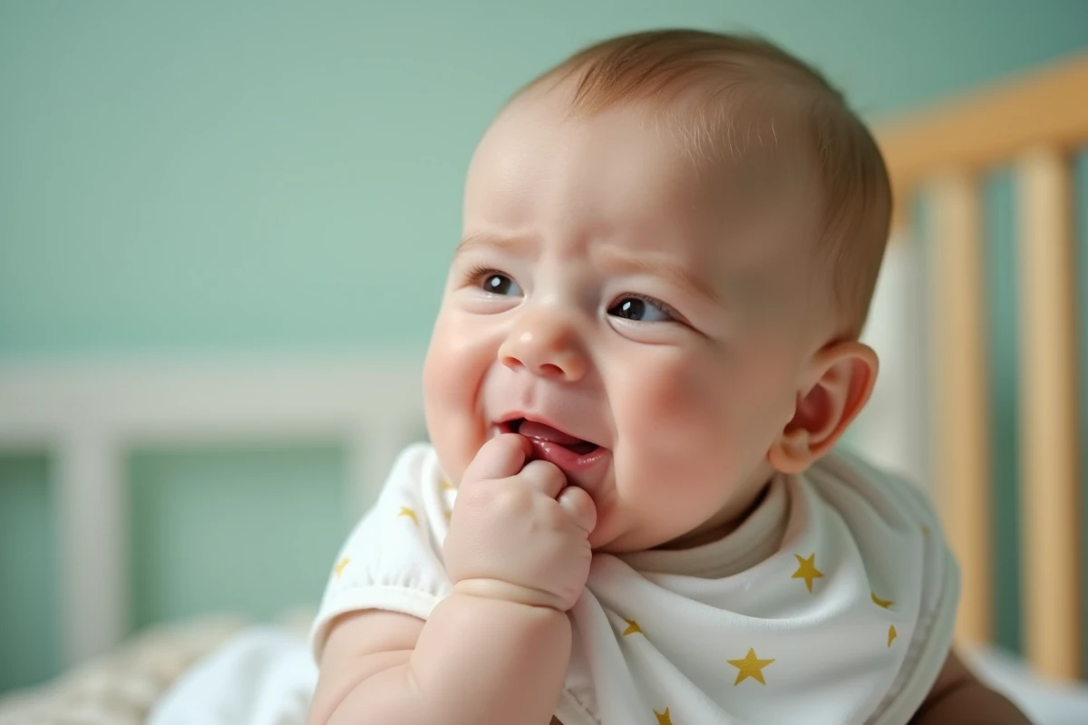 Gros plan d'un bébé de 7 mois qui bave et pleure pendant une poussée dentaire