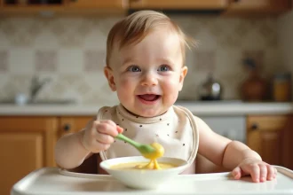 Bébé de 8 mois découvrant la purée dans une chaise haute en cuisine