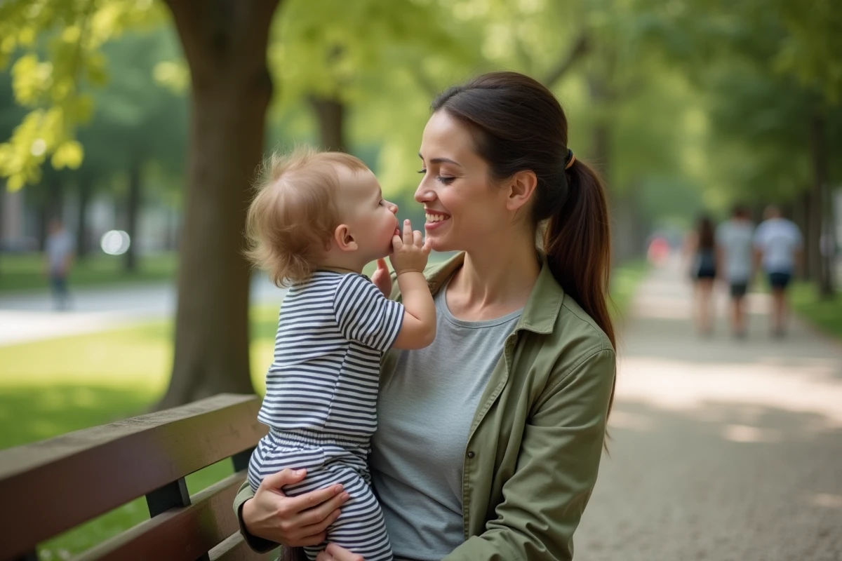 Bébé de 8 mois tenant le visage de sa maman entre ses mains dans un parc urbain en plein air, moment de complicité mère-enfant
