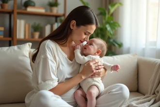 Bébé de 6 mois touchant tendrement le visage de sa maman assise sur un canapé beige dans un salon chaleureux