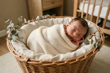 Bébé endormi dans un couffin en osier entouré de cadeaux de baptême artisanaux en bois et eucalyptus