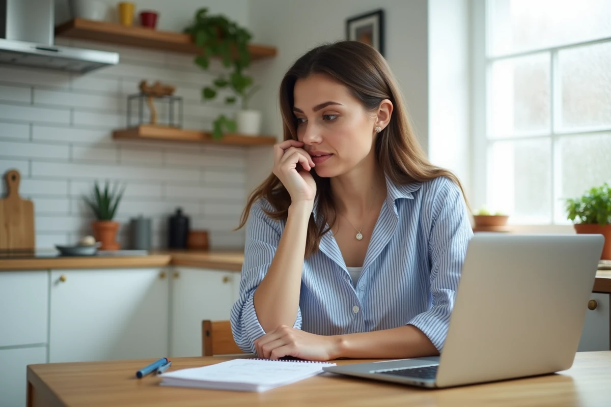 Femme calculant le tarif horaire d'une baby-sitter à la table de cuisine avec un ordinateur portable et des notes manuscrites