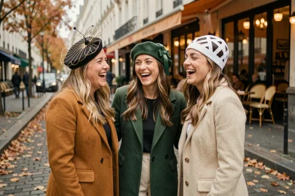 Trois jeunes femmes portant des chapeaux de Catherinettes modernes et créatifs dans une rue pavée parisienne en automne