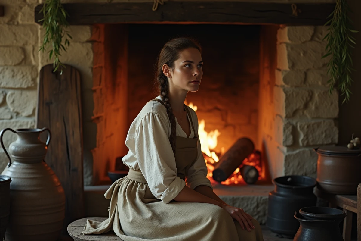 Femme en tenue médiévale modeste assise près d'une cheminée en pierre dans une cuisine rustique, évoquant la vie quotidienne de Cendrillon avant sa transformation