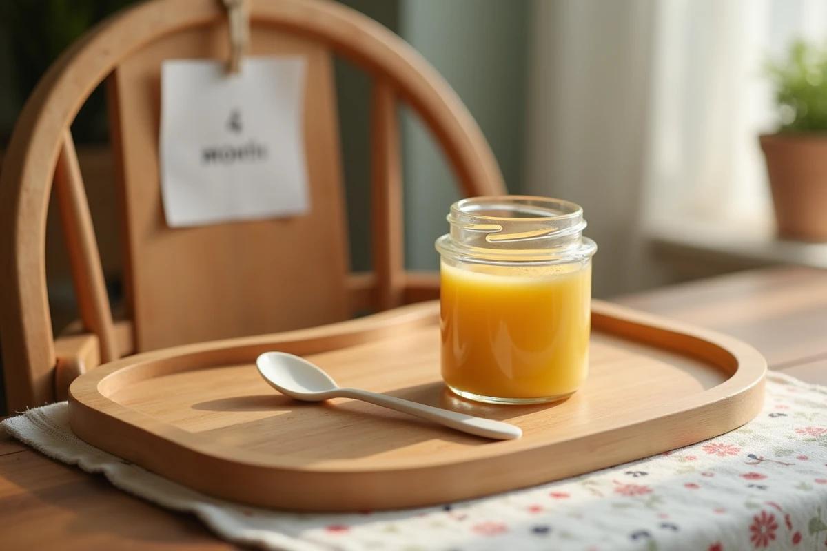 Chaise haute vide avec un pot de purée fermé et une cuillère pour bébé, symbolisant l'attente des 4 mois recommandés avant la diversification alimentaire