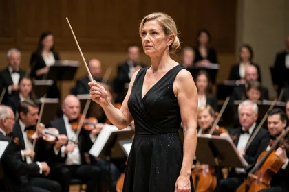 Chef d'orchestre femme en robe noire tenant une baguette lors d'une répétition, entourée de musiciens en arrière-plan flou