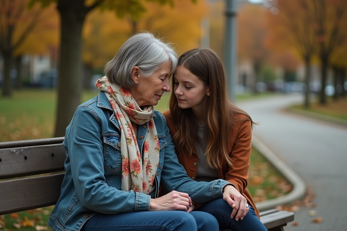 Mère et fille adolescente partageant un moment silencieux et émouvant sur un banc de parc en automne