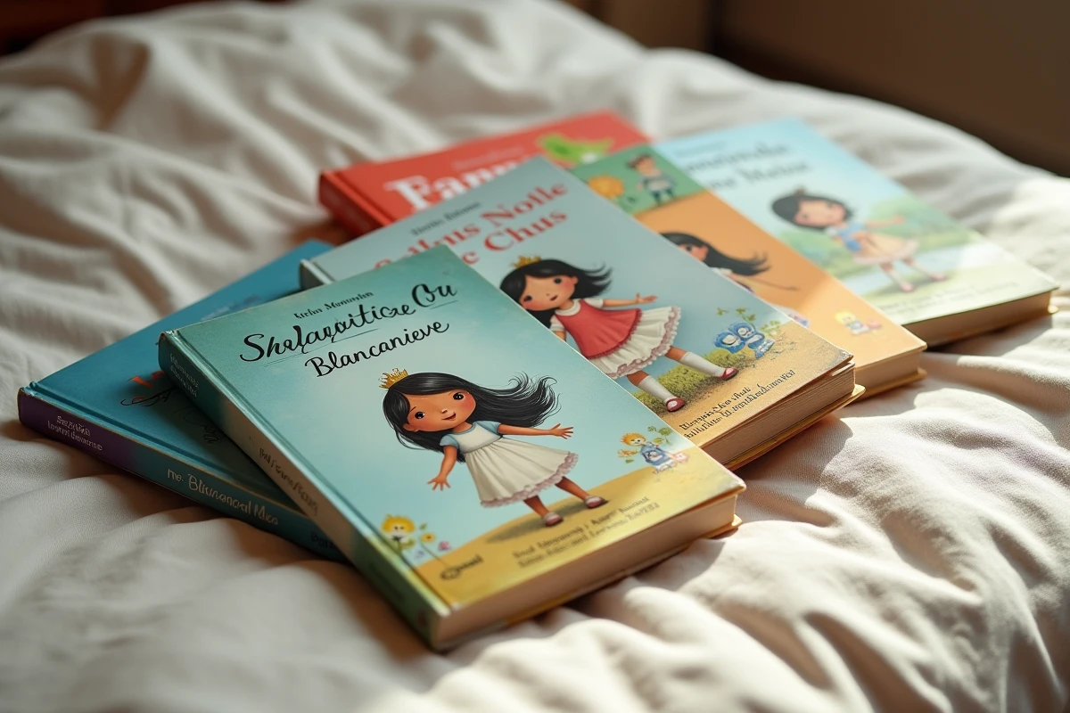 Collection de livres de contes internationaux avec le prénom Blanche-Neige traduit en allemand, français, italien et espagnol