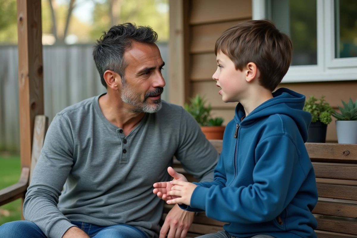 Père et fils assis sur un porche en bois ayant une conversation sincère, symbole d'écoute et de communication saine au sein de la famille