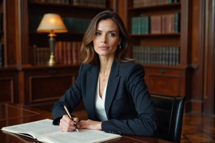 Femme élégante en blazer marine dans un bureau parisien sophistiqué, évoquant la discrétion et la vie privée d'une personnalité médiatique