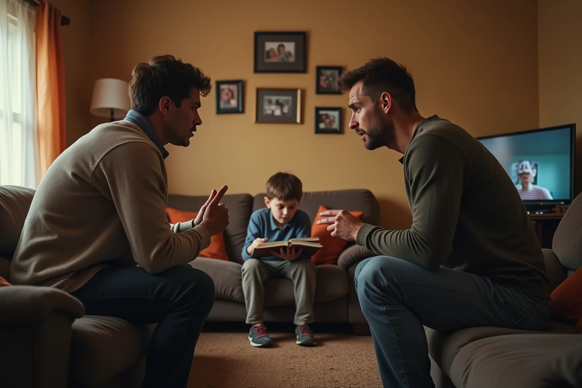 Enfant tentant de s'isoler pendant une dispute parentale à domicile, représentant l'impact du conflit familial sur l'éducation des enfants