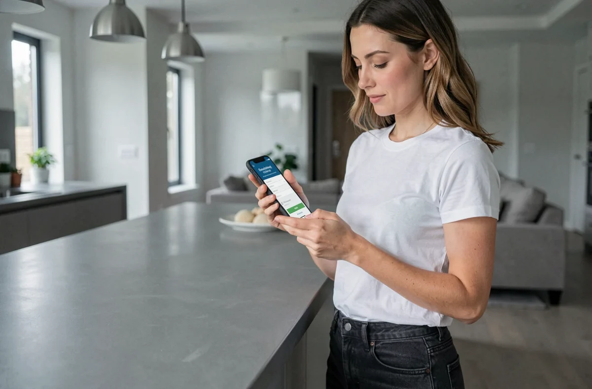 Jeune femme accédant à son compte personnel Famileo et ses options d'abonnement depuis un smartphone