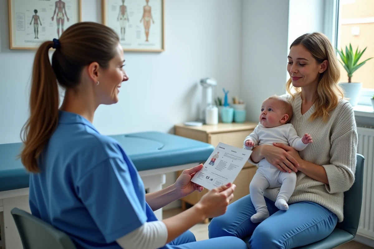Infirmière puéricultrice conseillant une jeune mère sur la transition vers l'allaitement mixte lors d'une consultation médicale
