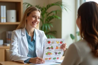Nutritionniste pédiatrique expliquant un plan alimentaire nutritif à une mère lors d'une consultation médicale