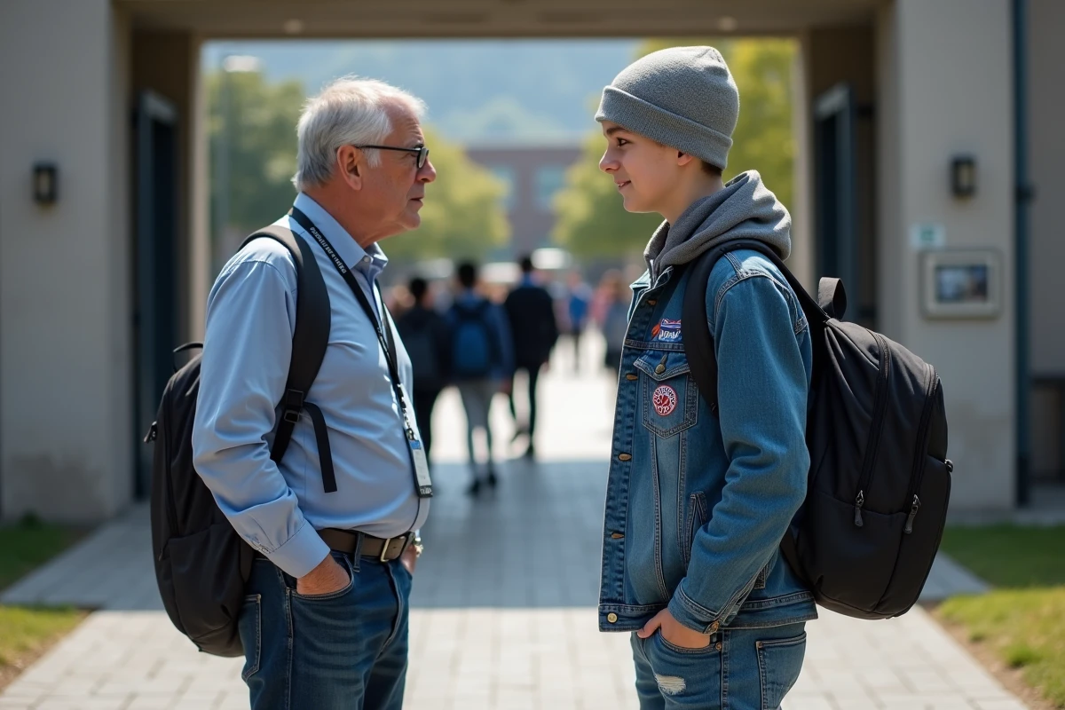 Un proviseur contrôlant la tenue vestimentaire d'un élève à l'entrée de son établissement scolaire