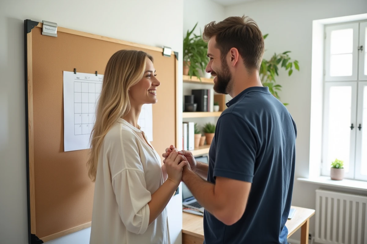 Couple organisant ensemble un calendrier familial dans un bureau à domicile, illustrant la coopération et le respect mutuel comme dynamiques familiales saines