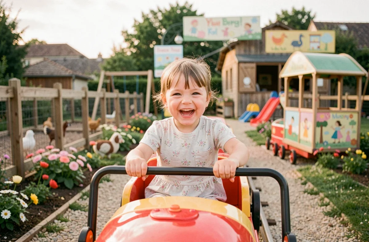 Jeune enfant souriant à bord du petit train de Coudou Parc dans le Var